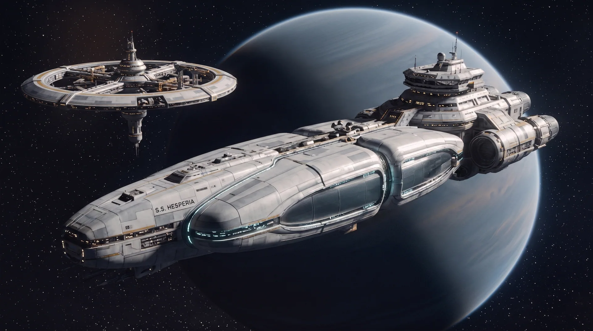 The in-system cargo vessel SS Hesperia passing Maia X on approach to Starbase 419