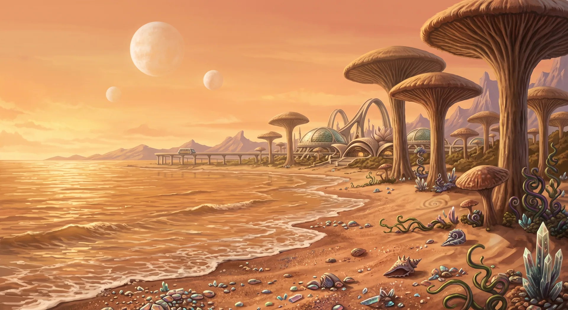 A protected Maia IV coastline beneath a tangerine sky, bordered by giant fungal trees and distant research infrastructure