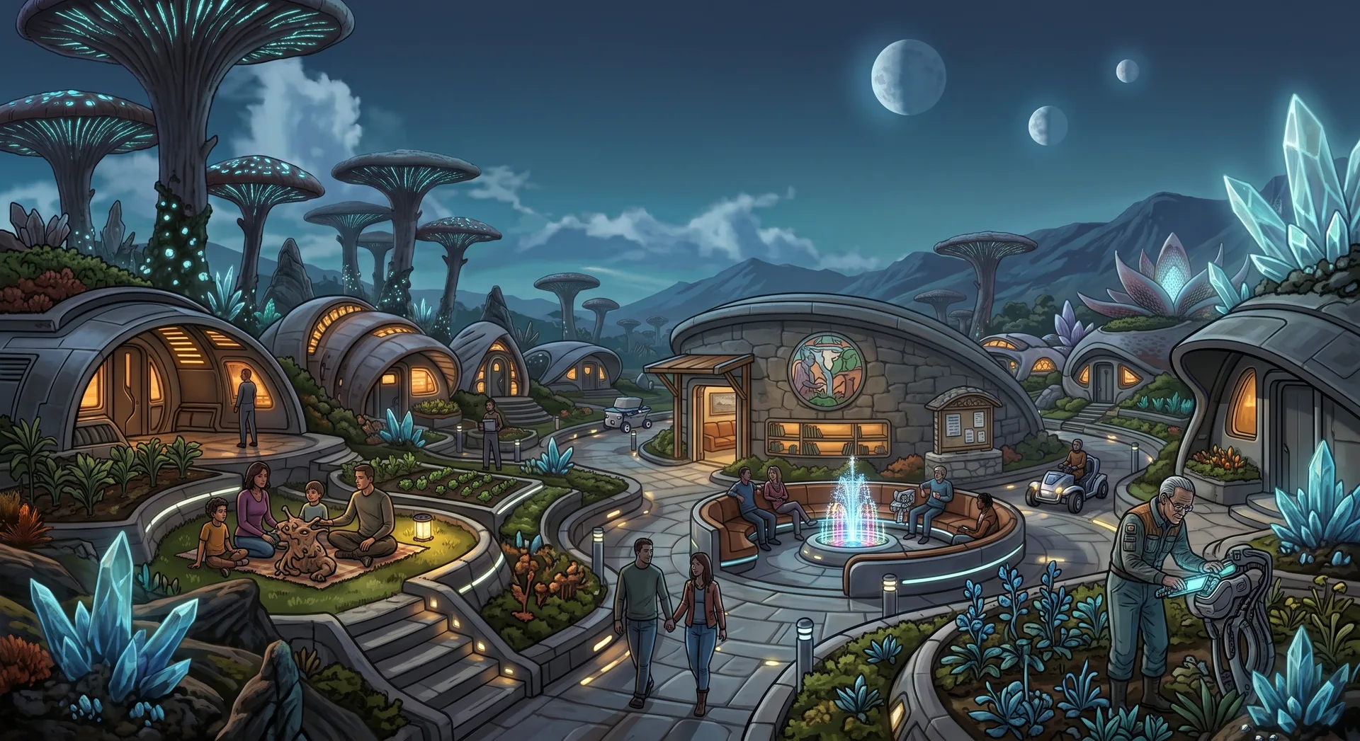 A Maia Station residential neighborhood at night, with homes surrounding a transporter node, open-air library, gardens, and shared commons