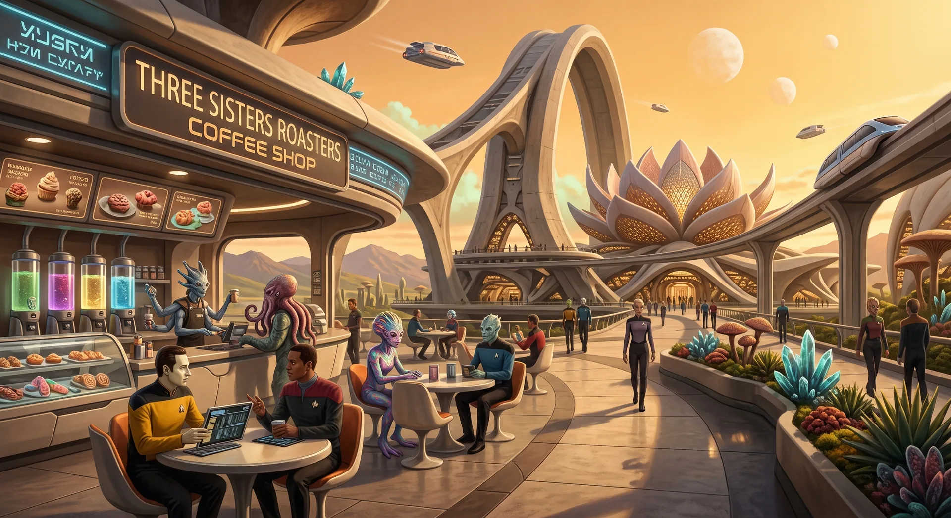 Three Sisters Roasters and the public promenade at Maia Station