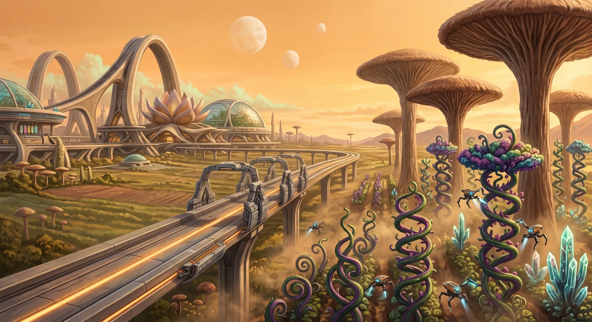 The maglev route between Maia Station, cultivated land, and the fungal preserves