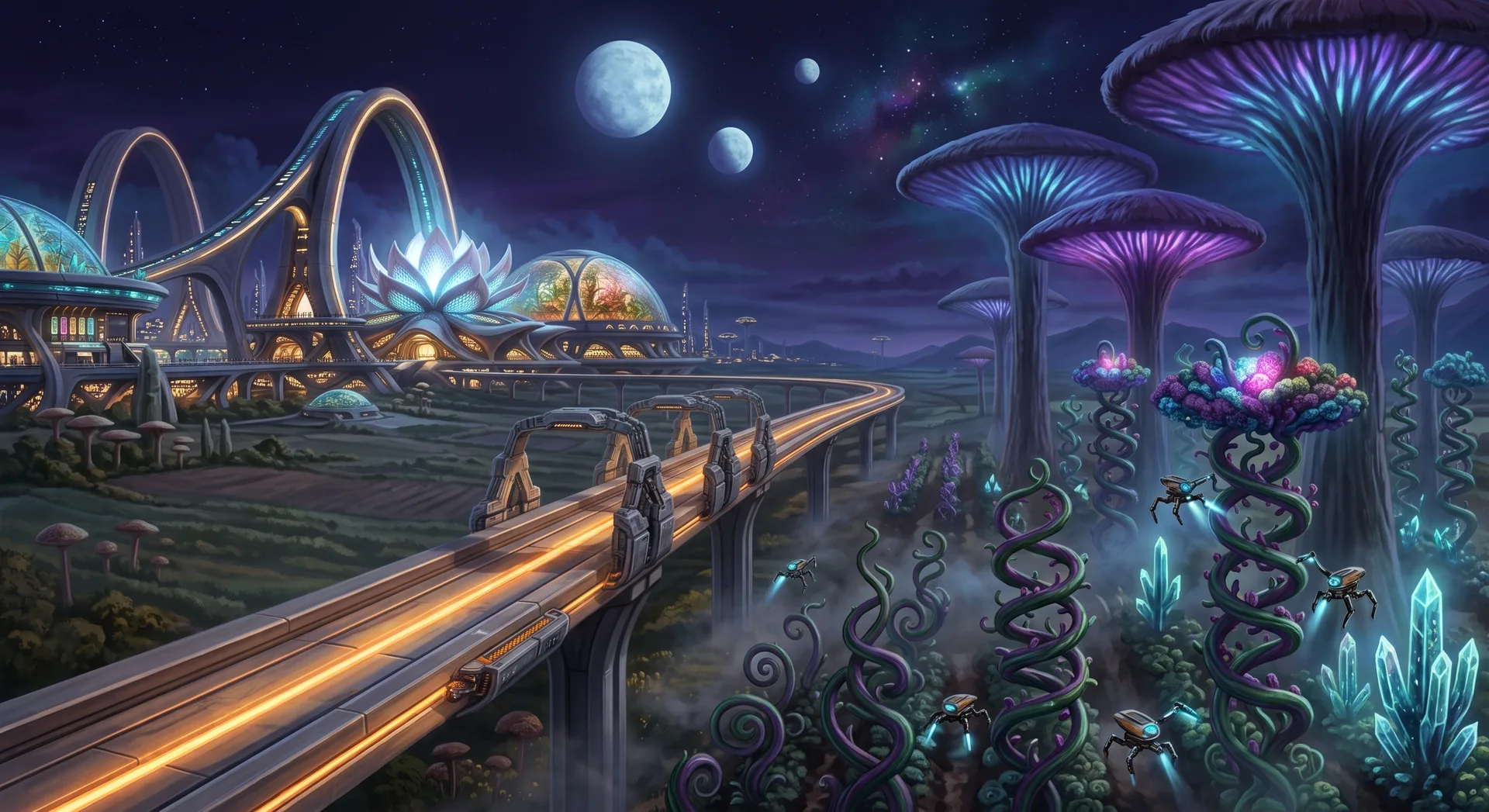 The maglev route between Maia Station, cultivated land, and the fungal preserves