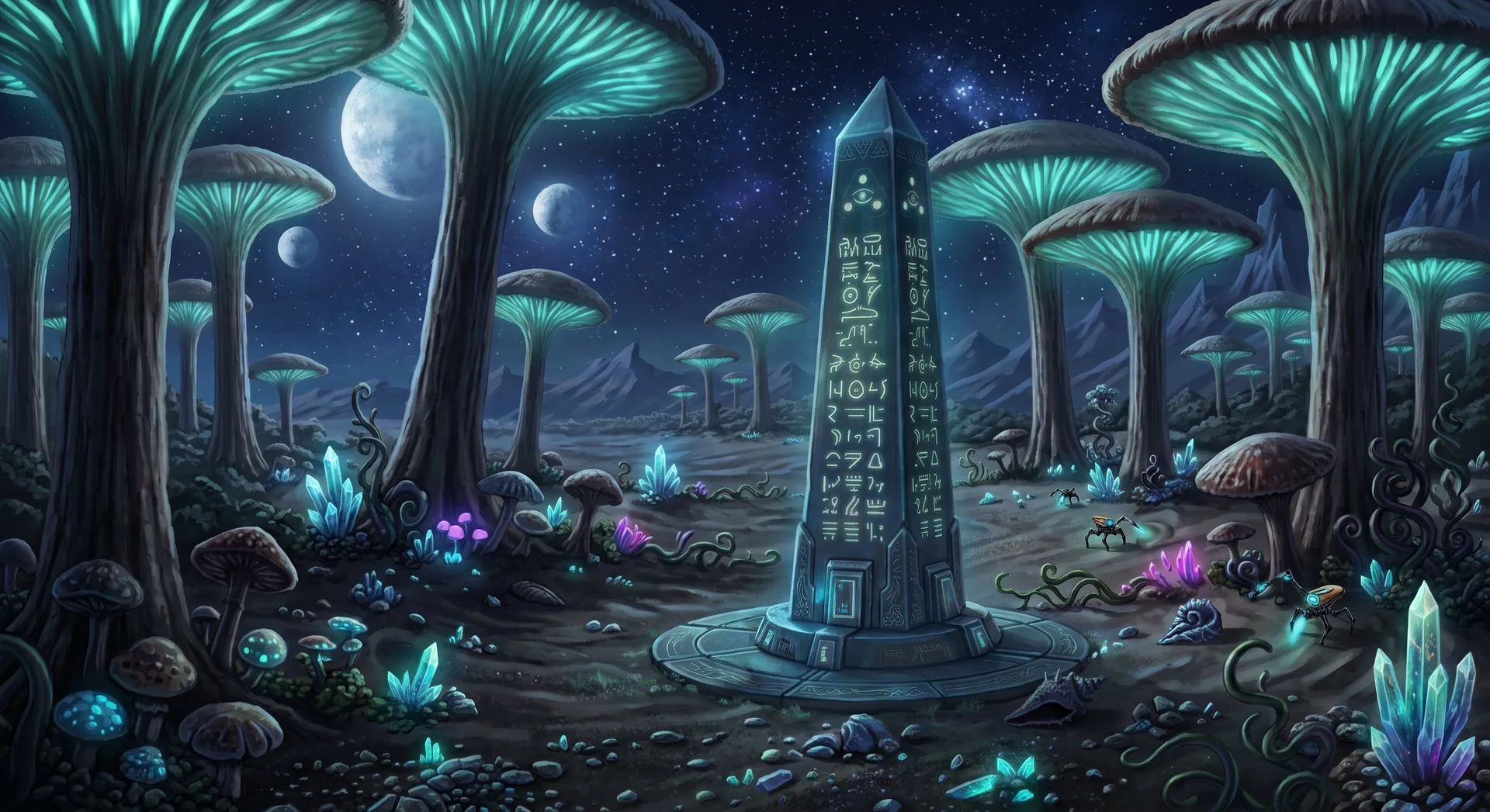 An illuminated ancient obelisk under Maia IV’s three moons, surrounded by bioluminescent fungal forest and autonomous survey units