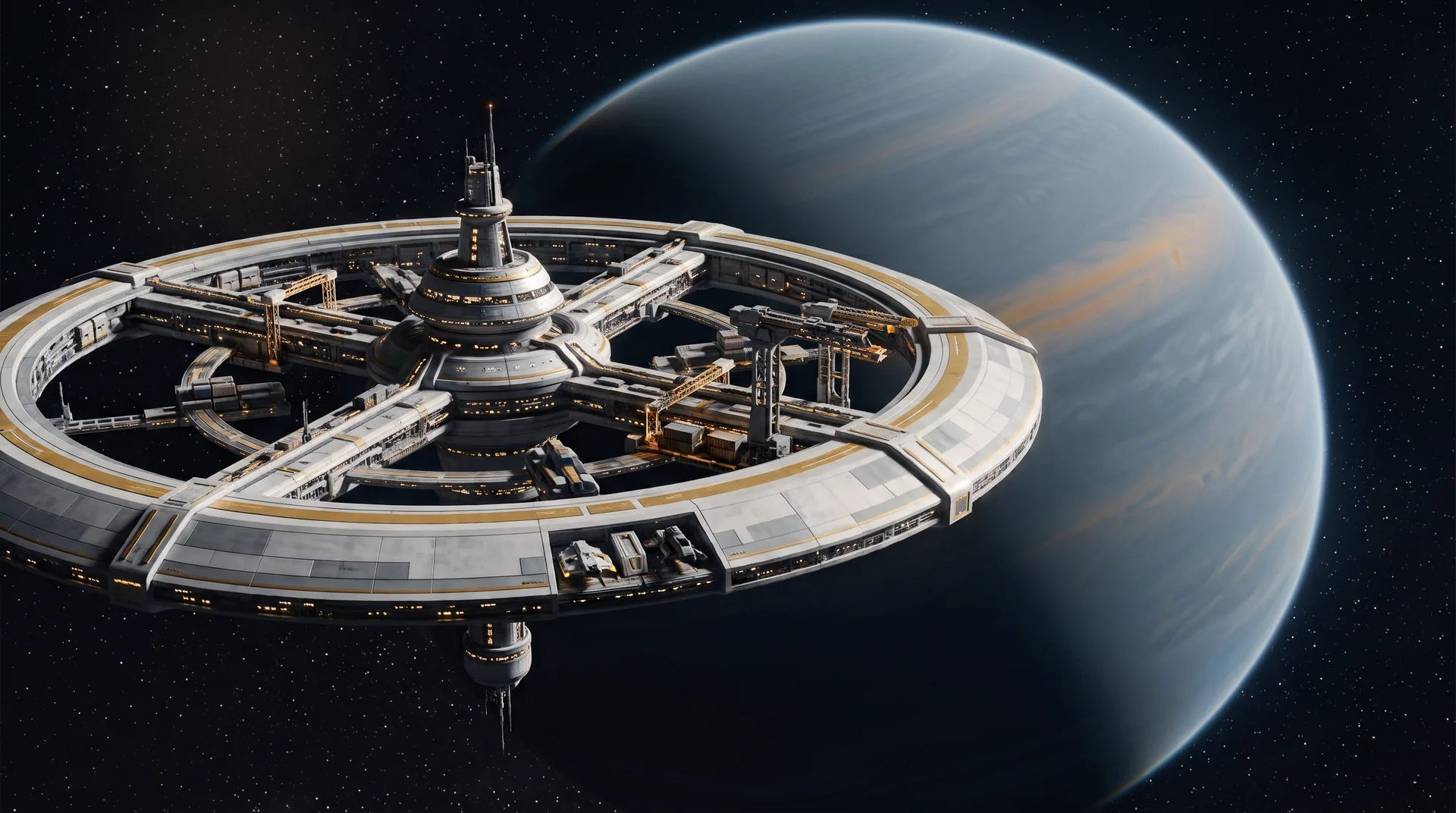 Starbase 419 with gold operations markings in orbit above the blue-gray gas giant Maia X